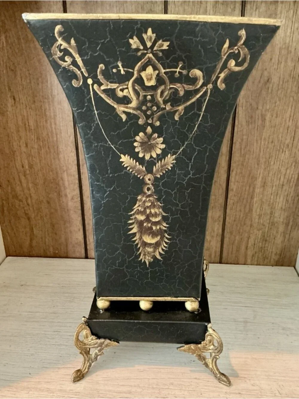 Hollywood Regency tole Planter Vase Black Crackle Gold Florentine Footed 13